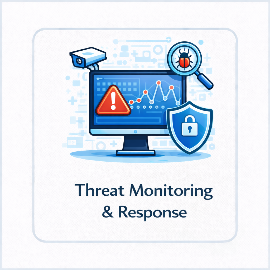 Threat monitoring and response icon with monitor, warning triangle, shield, magnifying glass, security camera, and alert graph in a framed tile.