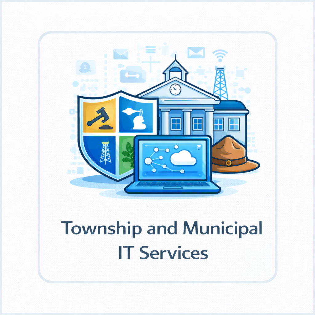 Township and municipal IT services icon showing a municipal building, government shield, laptop with cloud network, and civic support imagery in a blue square tile.