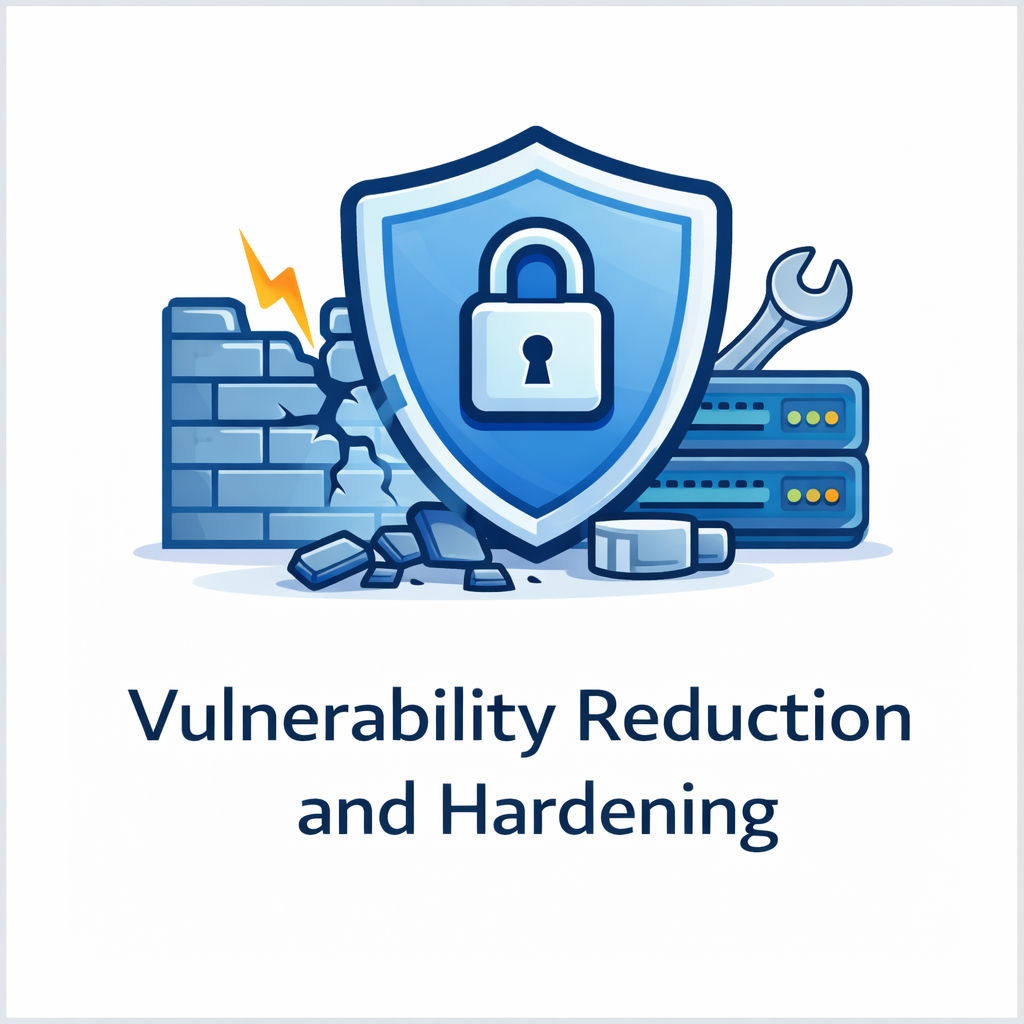Vulnerability reduction and hardening icon showing a security shield with padlock, cracked wall, servers, and wrench in a blue service tile.