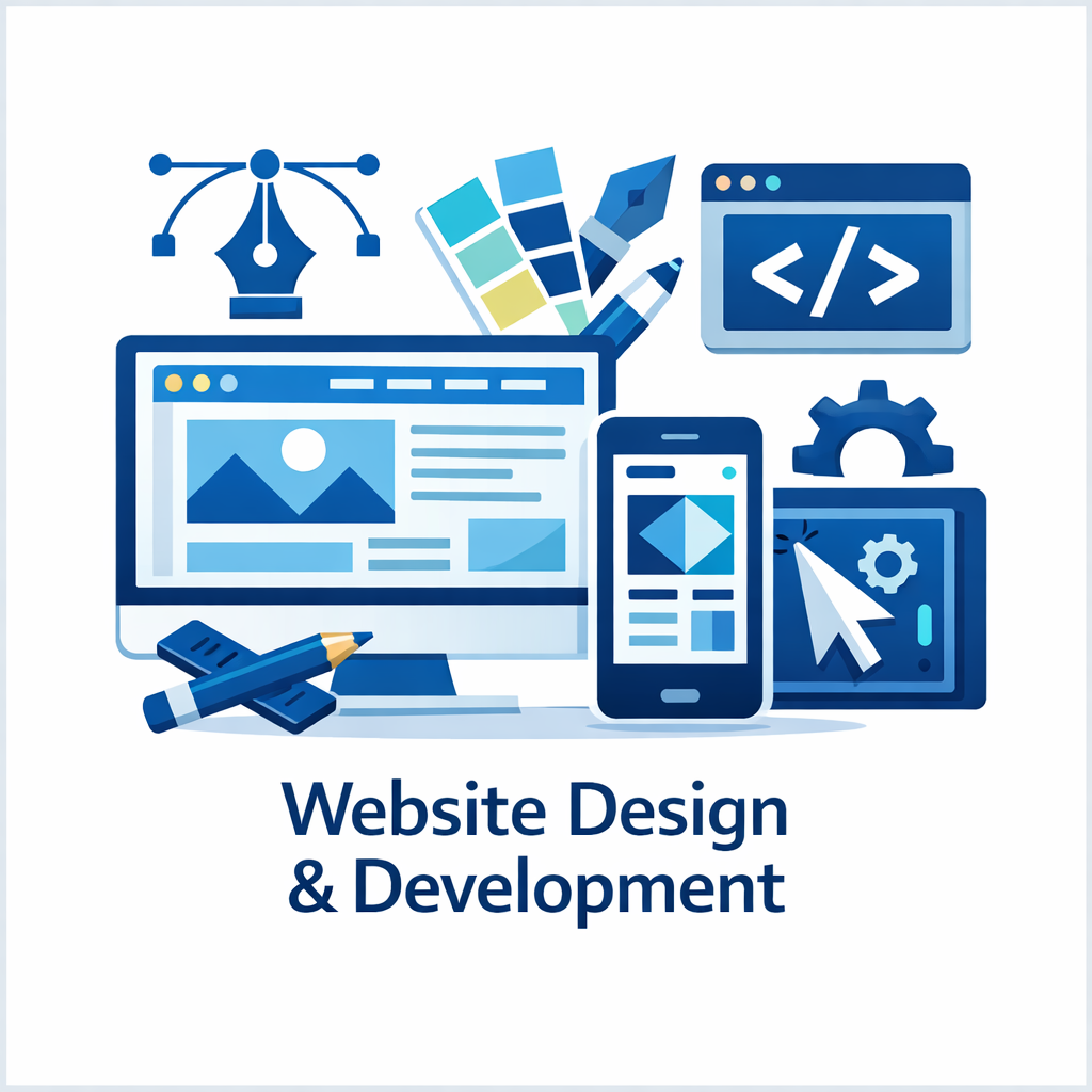 Website design and development icon showing a computer monitor, smartphone, code window, color palette, design pen, and interface tools in a blue square service tile.