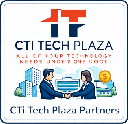 CTi Tech Plaza logo above an illustration of two professionals shaking hands, with the text “CTi Tech Plaza Partners.”