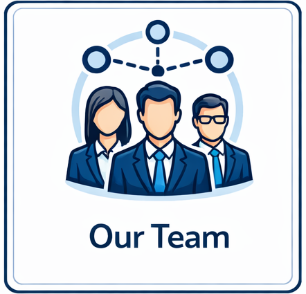 Illustrated icon of three professional team members in blue business attire beneath a connected network graphic, with the text “Our Team.”