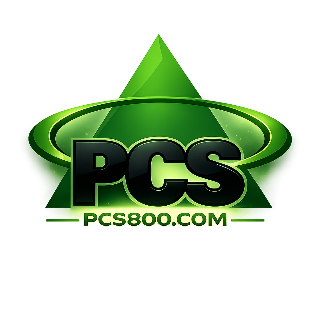 PCS logo with glossy green geometric framing, large black PCS lettering, and PCS800.COM beneath on a black background.