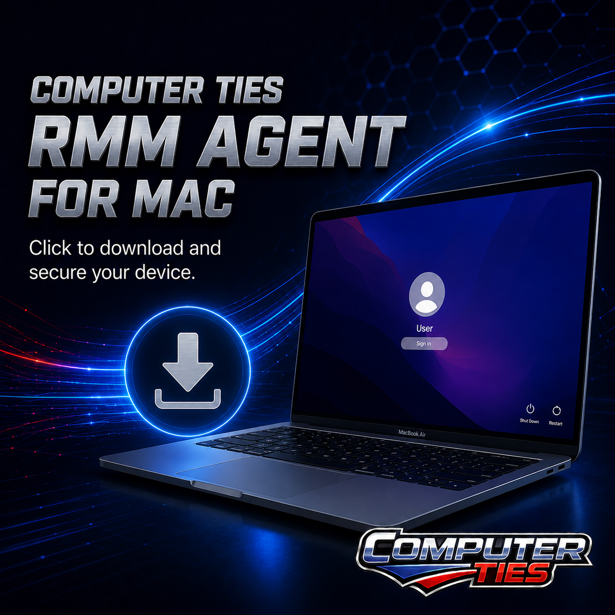 MacBook laptop with a software download icon representing the Computer Ties RMM agent for Mac device monitoring and management.