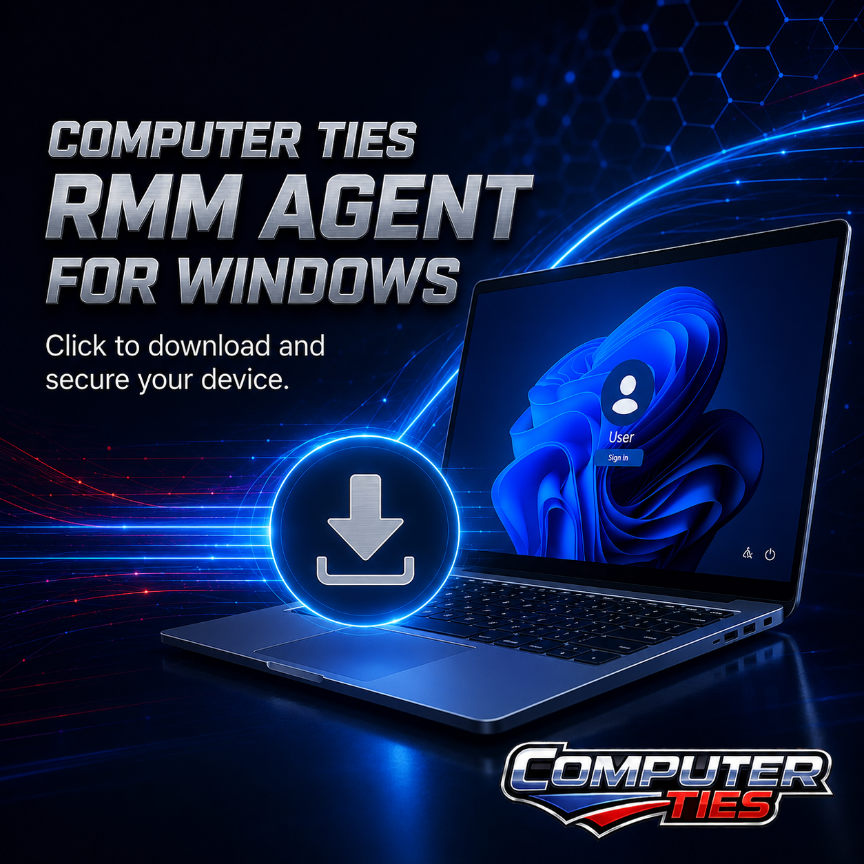 Windows laptop with a software download icon representing the Computer Ties RMM agent for Windows device monitoring and support.
