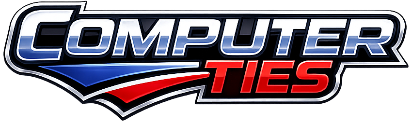 Computer Ties company logo featuring metallic blue, silver, and red lettering.