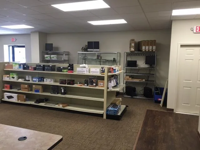 Shelving stocked with computer parts and components