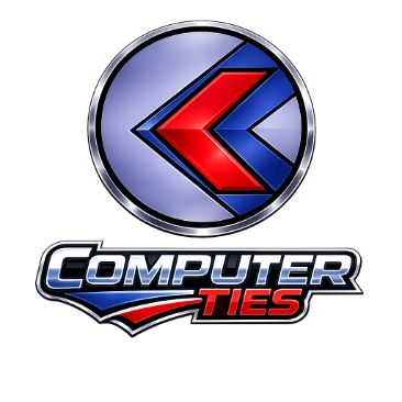 Computer Ties logo featuring a circular red, blue, white, and black emblem above bold stylized “Computer Ties” lettering with blue and red accents on a dark gradient background.