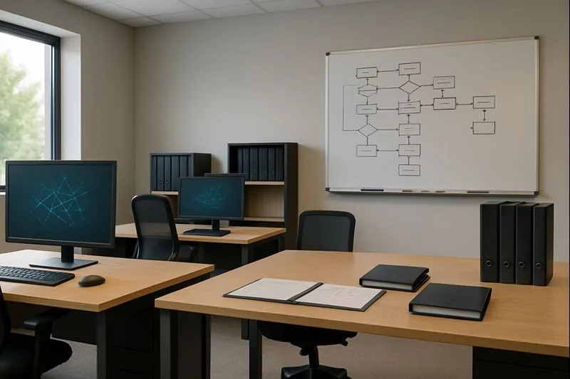 Office desk with IT documentation and a computer