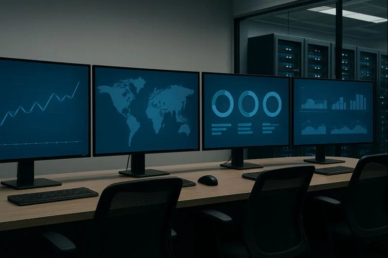 Network monitoring dashboards displayed on multiple monitors