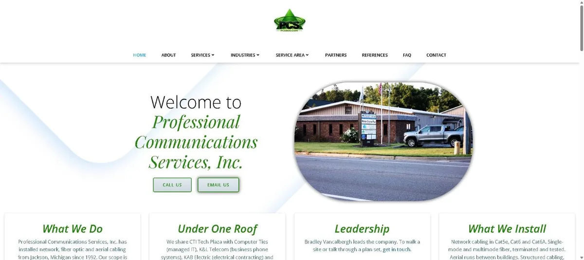 Professional Communications Services website home page designed by Computer Ties
