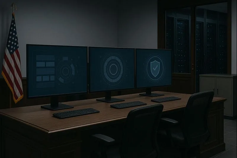 Secure government office workspace with computer workstations